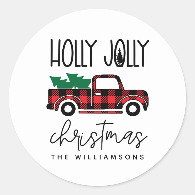Buffalo Plaid Red Vintage Truck Name Holiday Classic Round Sticker (Front)