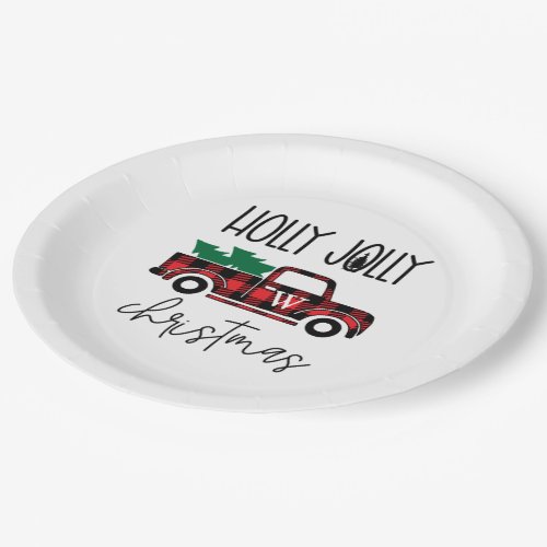 Buffalo Plaid Red Vintage Truck Tree Monogrammed   Paper Plates