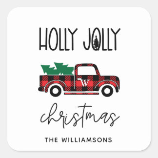 Buffalo Plaid Red Vintage Truck Tree Monogrammed Square Sticker