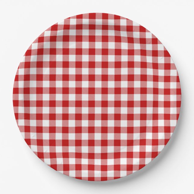Buffalo Plaid Red White Classic Holiday Picnic Fun Paper Plates (Front)