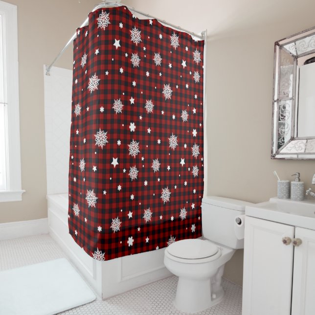 buffalo plaid red winter snowflake shower curtain (In Situ)
