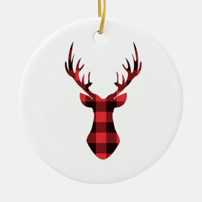 Buffalo Plaid Reindeer Christmas Ceramic Ornament (Front)