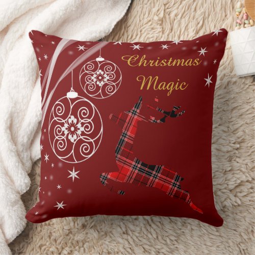 Buffalo Plaid Reindeer Christmas Magic Ornaments Throw Pillow