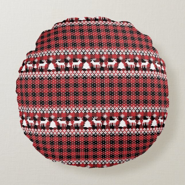 Buffalo Plaid Reindeer Fair Isle Round Pillow (Front)