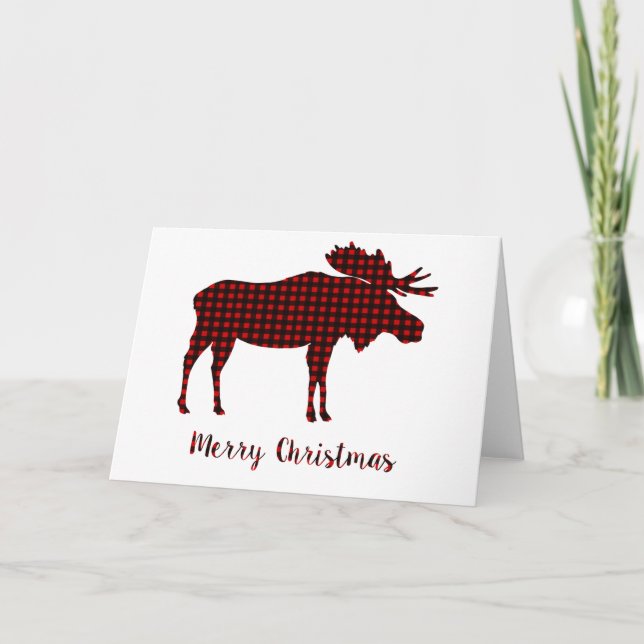 Buffalo Plaid Reindeer Merry Christmas Typography Holiday Card (Front)