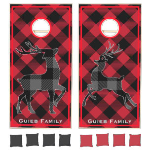 Buffalo Plaid Reindeer Personalized Family Cornhole Set