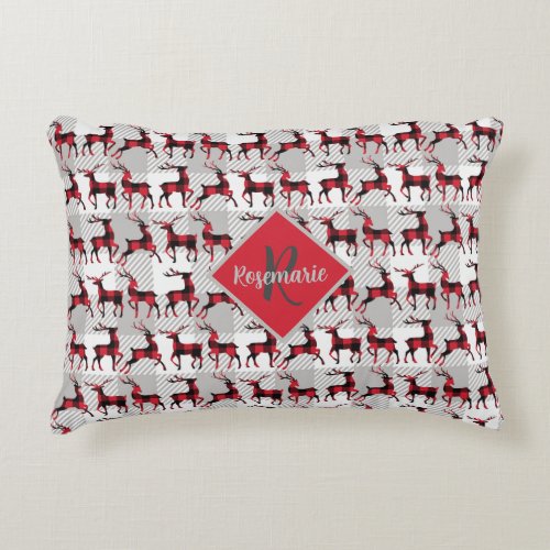 Buffalo Plaid Reindeers on Gray Buffalo Plaid Accent Pillow