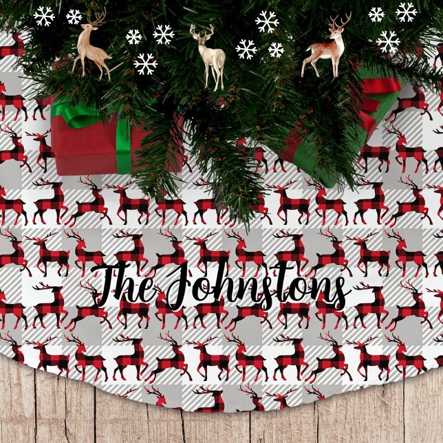 Buffalo Plaid Reindeers on Gray Buffalo Plaid Brushed Polyester Tree Skirt (Buffalo Plaid Reindeers on Gray Buffalo Plaid Tree Skirt)