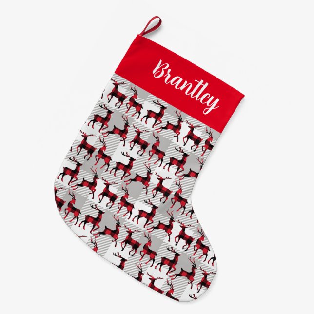 Buffalo Plaid Reindeers on Gray Buffalo Plaid Large Christmas Stocking (Front (Hanging))