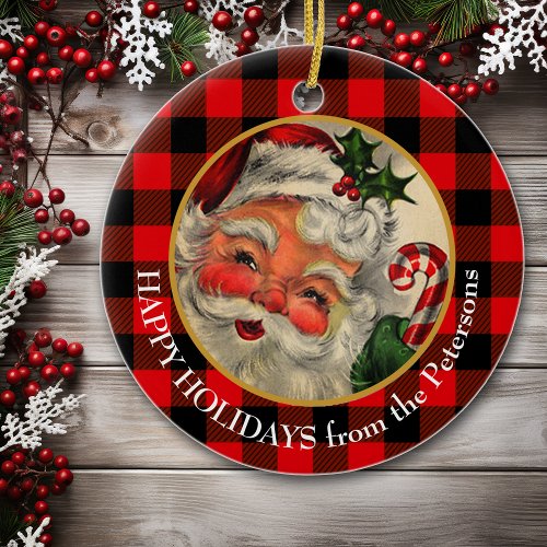 Buffalo Plaid Retro Santa Claus Ceramic Ornament