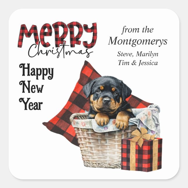 Buffalo Plaid Rottweiler Puppy Christmas Square Sticker (Front)