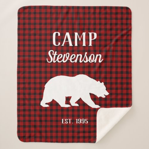 Buffalo Plaid Rustic Bear Custom Family Name Sherpa Blanket