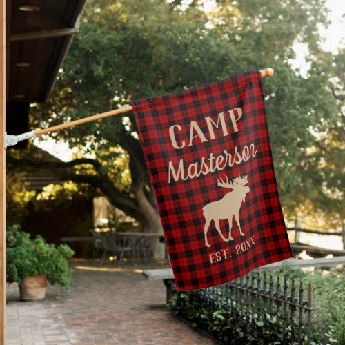 Buffalo Plaid Rustic Cabin Moose Family Camp House Flag