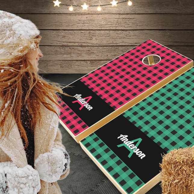 Buffalo Plaid Rustic Check Pattern Monogrammed Cornhole Set (A fun cornhole game in rustic Christmas style, with red and green buffalo plaid, and custom monogram)