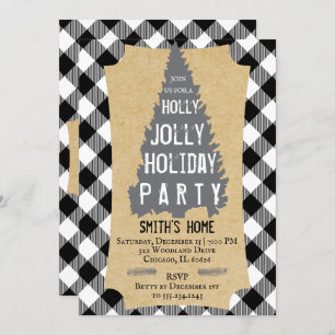 Buffalo Plaid Rustic Holly Jolly Party Invitation
