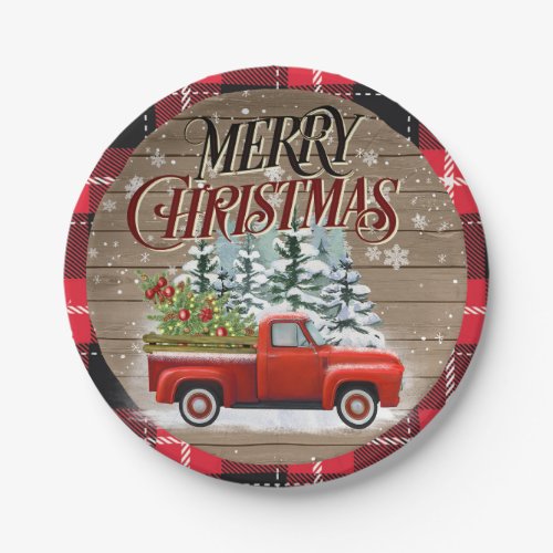 Buffalo Plaid Rustic Red Pickup Truck Paper Plates