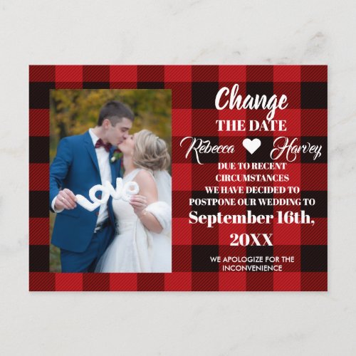 buffalo plaid rustic wedding change the date announcement postcard