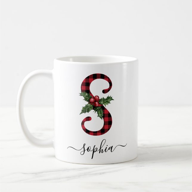 Buffalo Plaid S Monogram Christmas Coffee Mug (Left)