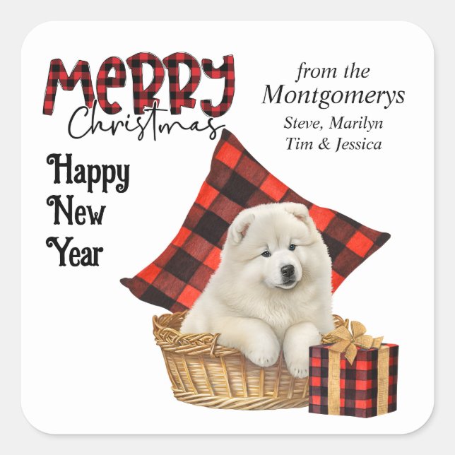 Buffalo Plaid Samoyed Puppy Christmas Square Sticker (Front)