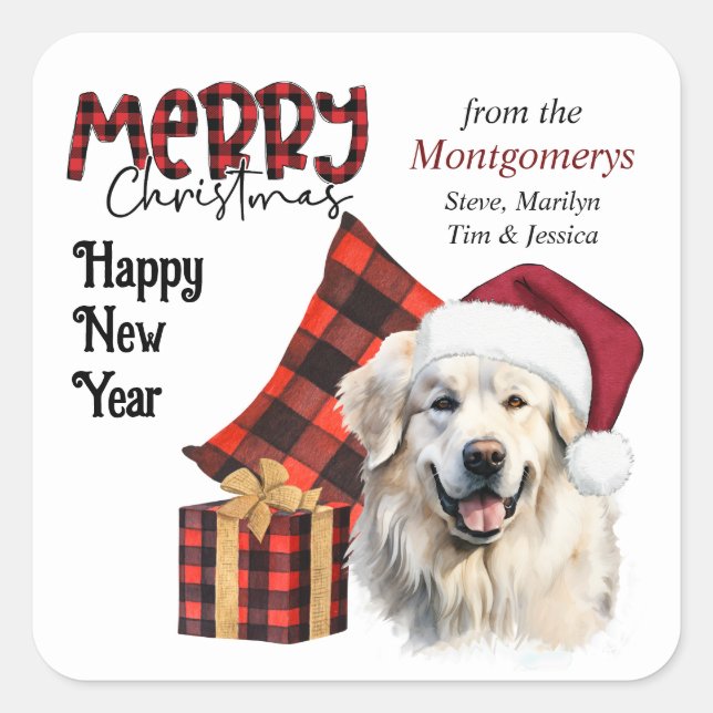 Buffalo Plaid Santa Hat Great Pyrenees Dog Square Sticker (Front)