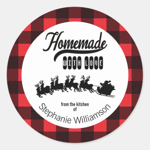 Buffalo Plaid Santa Homemade with Love Food Gift Classic Round Sticker