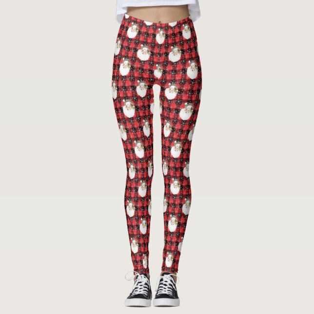 Buffalo Plaid Santa with Snowflakes & Stars Leggings (Front)