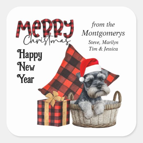 Buffalo Plaid Schnauzer Puppy Holiday Square Sticker