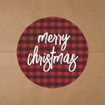 Buffalo Plaid Script Calligraphy Merry Christmas Classic Round Sticker<br><div class="desc">Buffalo Plaid Script Calligraphy Merry Christmas Sticker</div>