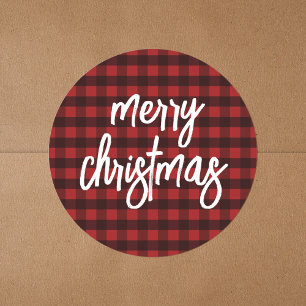 Buffalo Plaid Script Calligraphy Merry Christmas Classic Round Sticker