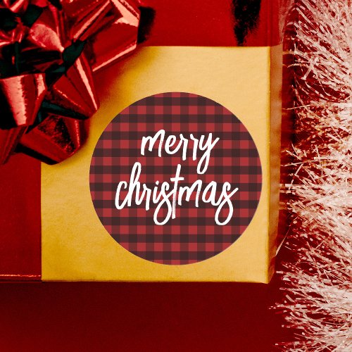 Buffalo Plaid Script Calligraphy Merry Christmas Classic Round Sticker