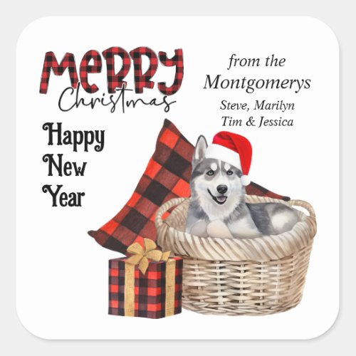 Buffalo Plaid Siberian Husky Dog Christmas Square Sticker