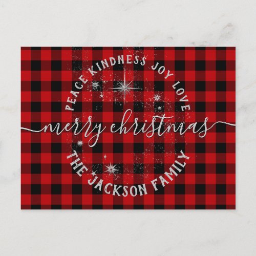 Buffalo Plaid Silver Script Merry Christmas Card