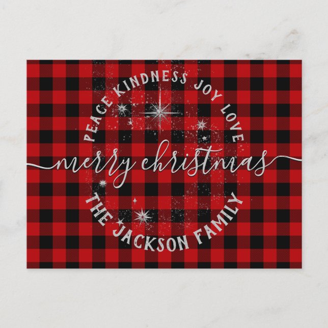 Buffalo Plaid Silver Script Merry Christmas Card (Front)
