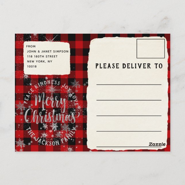Buffalo Plaid Silver Script Merry Christmas Card (Back)