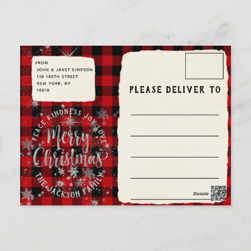 Buffalo Plaid Silver Script Merry Christmas Card