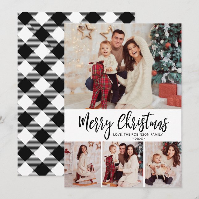 Buffalo Plaid Simple 4 Photo Collage Christmas  Holiday Card (Front/Back)