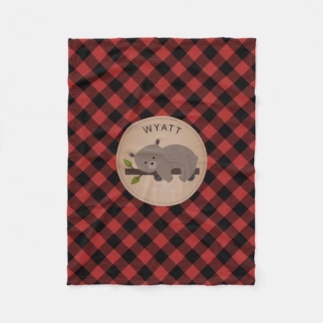 Buffalo Plaid Sleepy Bear Kids Fleece Blanket (Front)