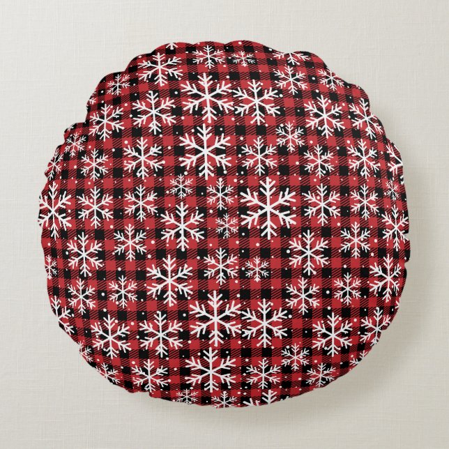 Buffalo Plaid Snowflake Winter Pattern Round Pillow (Front)
