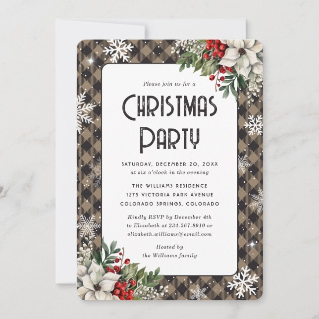 Buffalo Plaid Snowflakes Botanical Christmas Party Invitation (Front)