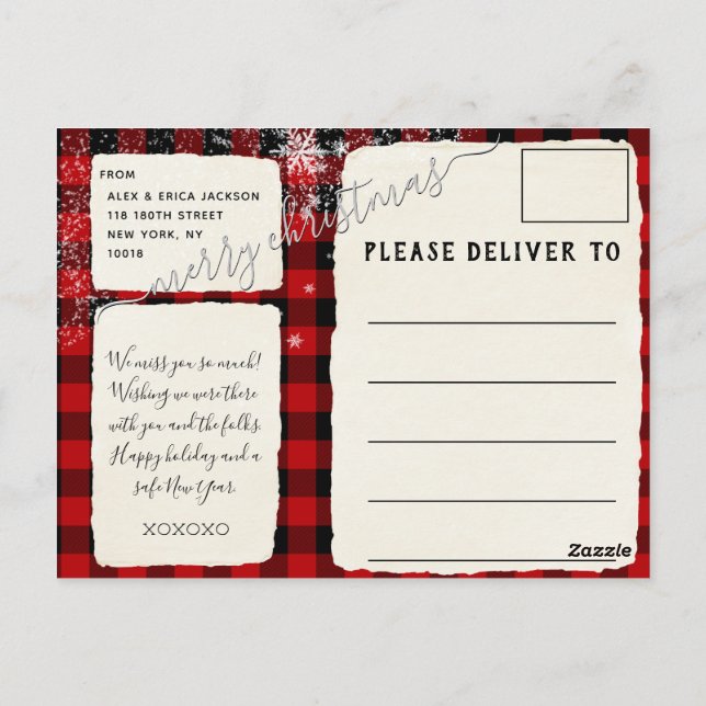 Buffalo Plaid Snowing Merry Christmas Script Postcard (Back)