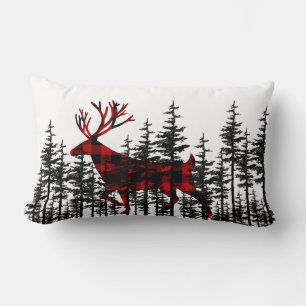 Buffalo Plaid Stag In An Eastern Pine Tree Forest Lumbar Pillow