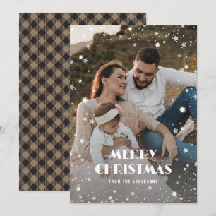 Buffalo Plaid Stars Snow Photo Merry Christmas Holiday Card