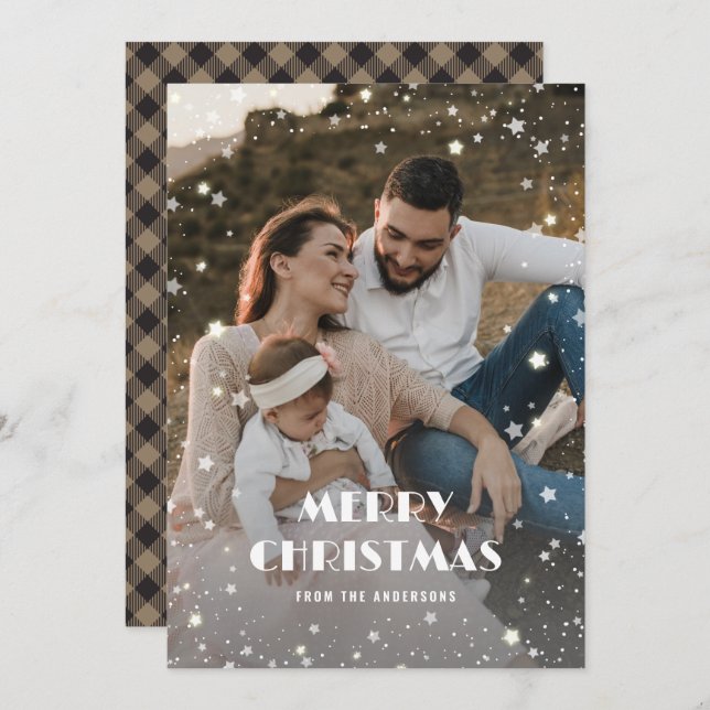 Buffalo Plaid Stars Snow Photo Merry Christmas Holiday Card (Front/Back)