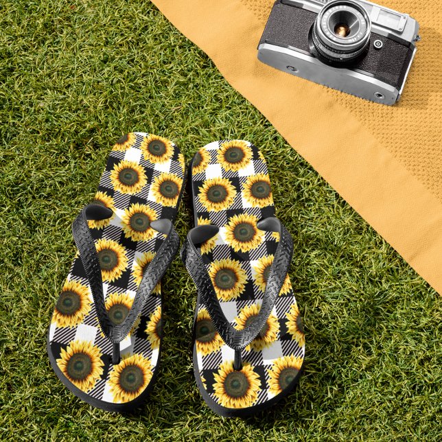 Buffalo Plaid Sunflower Black White  Flip Flops (Creator Uploaded)