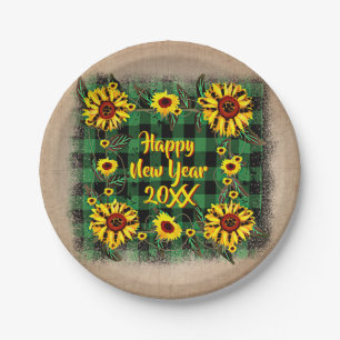 Buffalo Plaid Sunflower Happy New Year 20xx 7" Paper Plates