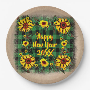 Buffalo Plaid Sunflower Happy New Year 20xx 9"     Paper Plates