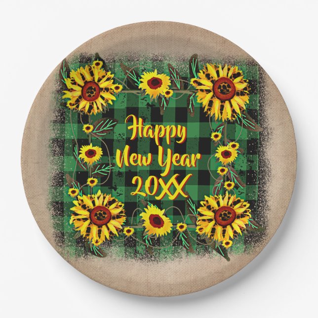 Buffalo Plaid Sunflower Happy New Year 20xx 9"     Paper Plates (Front)