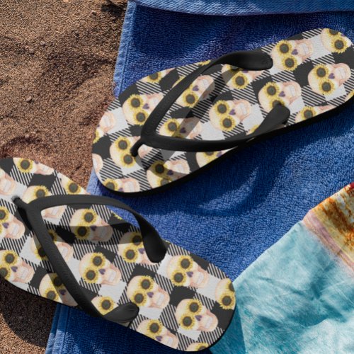 Buffalo Plaid Sunflower Skull Flip Flops