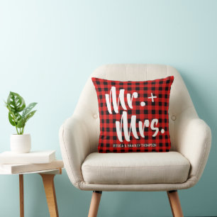 Buffalo Plaid Tartan Mr. and Mrs. Wedding Throw Pillow