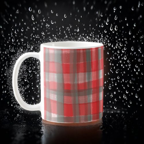 Buffalo plaid tartan watercolor red gray check tan coffee mug